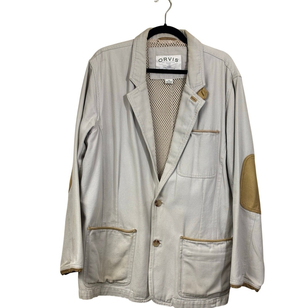 Orvis Mens Cotton Canvas Field Jacket Leather Elbow Patches Gray Size 44